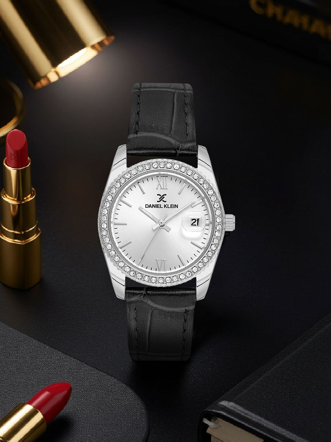 Daniel klein IPS Silver Black Sunray Dial Leather Watch for Women DK.6.14030-1