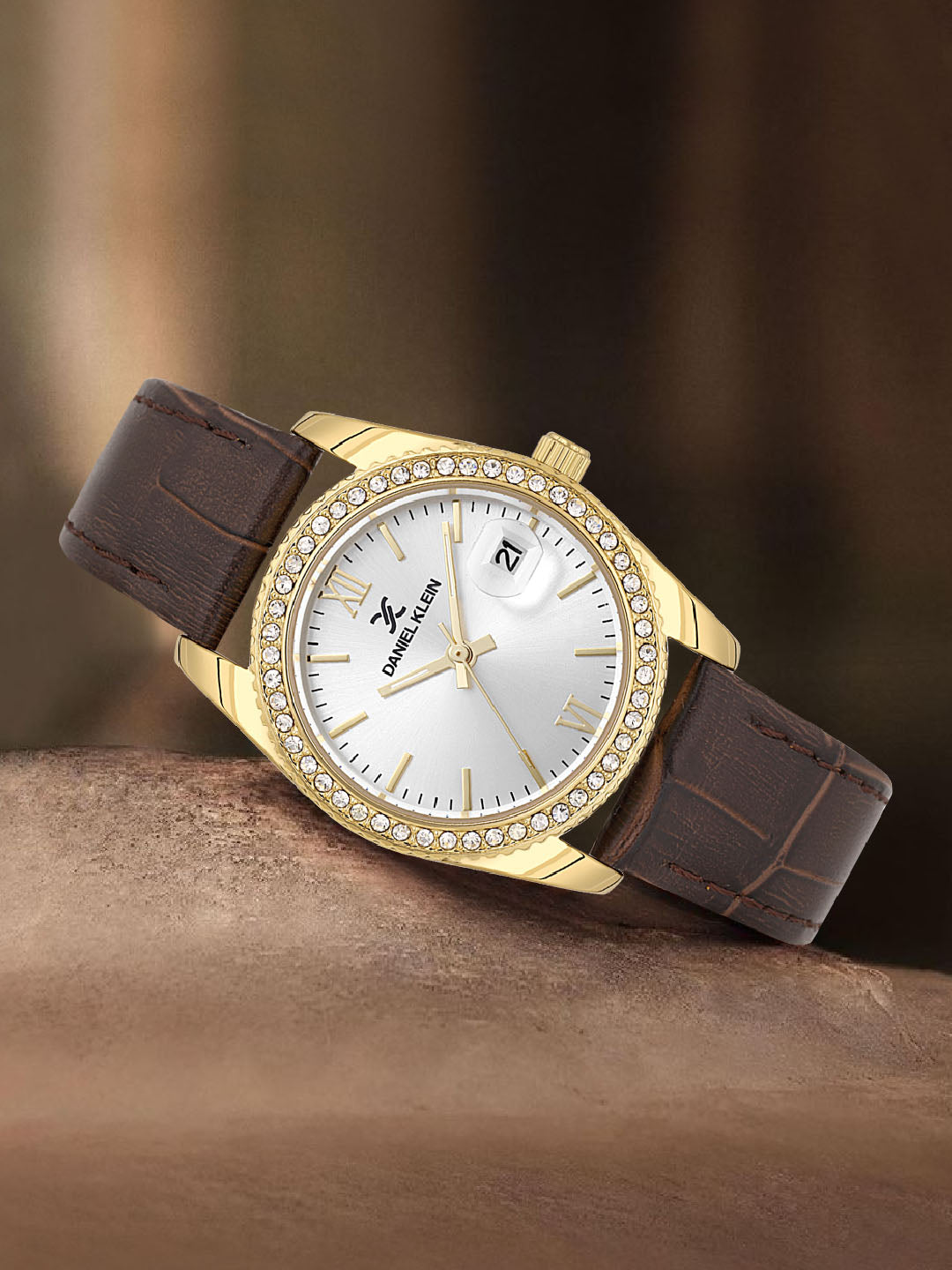 Daniel klein IPG Silver Dark Brown Sunray Dial Leather Watch for Women DK.6.14030-3