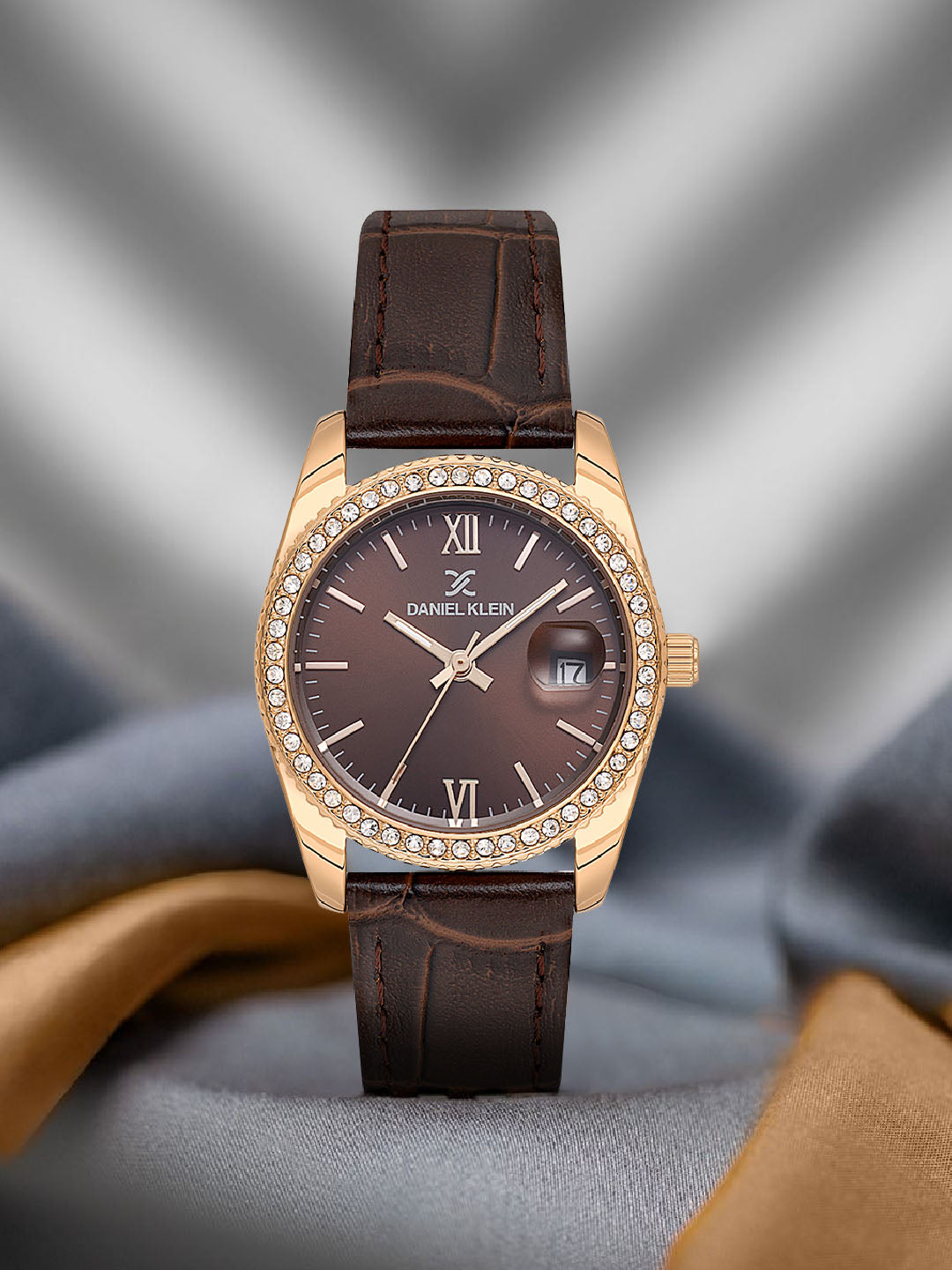 Daniel klein IP Pink R.Gold Dark Brown Sunray Dial Leather Watch for Women DK.6.14030-5