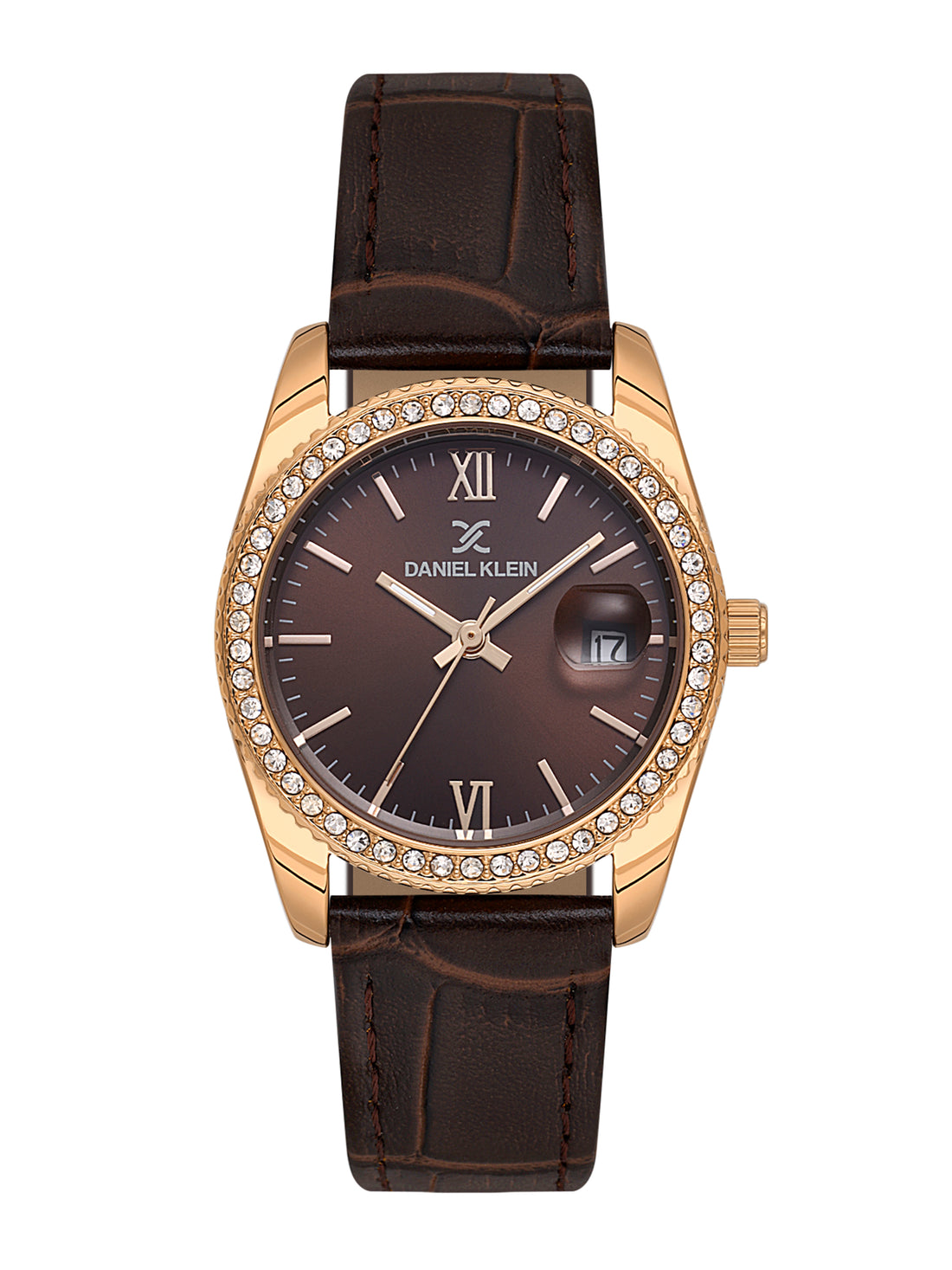 Daniel klein IP Pink R.Gold Dark Brown Sunray Dial Leather Watch for Women DK.6.14030-5
