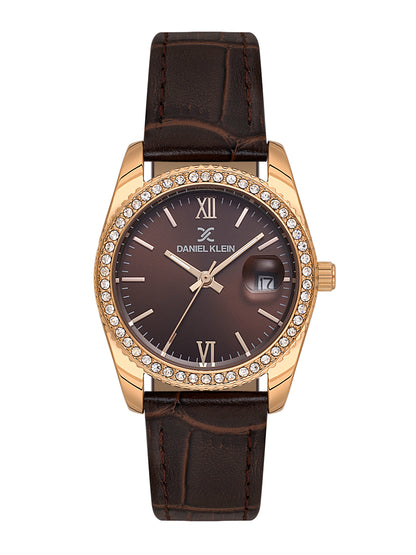 Daniel klein IP Pink R.Gold Dark Brown Sunray Dial Leather Watch for Women DK.6.14030-5