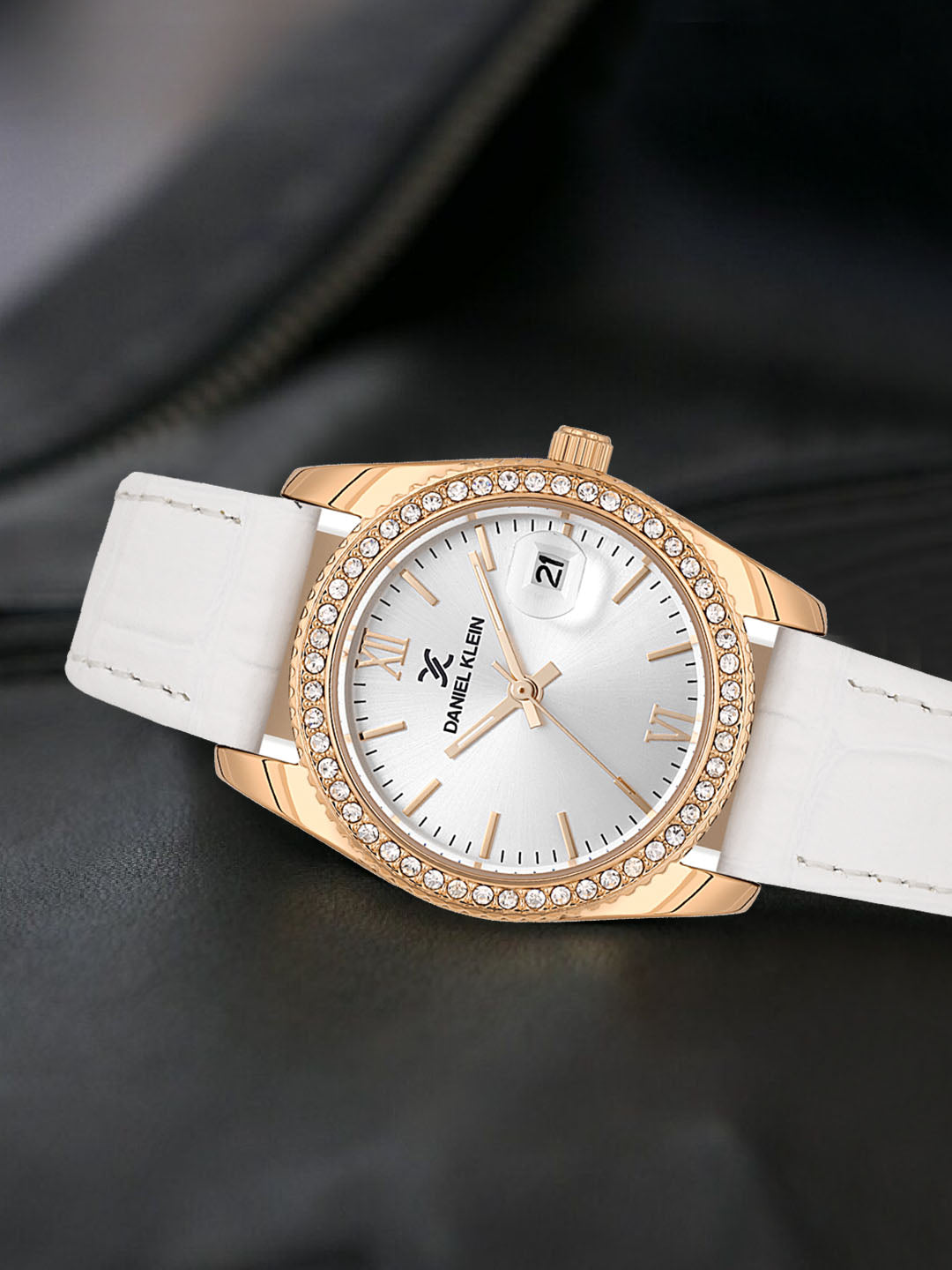 Daniel klein IP Pink R.Gold Silver White Sunray Dial Leather Watch for Women DK.6.14030-6