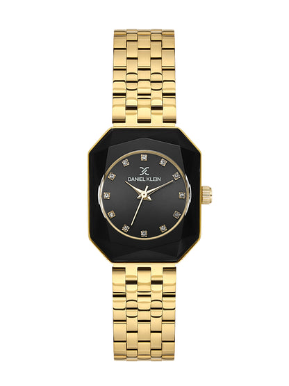 Daniel Klein Analog Black Round Dial Gold/Black Case Gold Strap Quartz Water-Resistant Wrist Watch for Women Girls, Ladies DK.6.14182-3