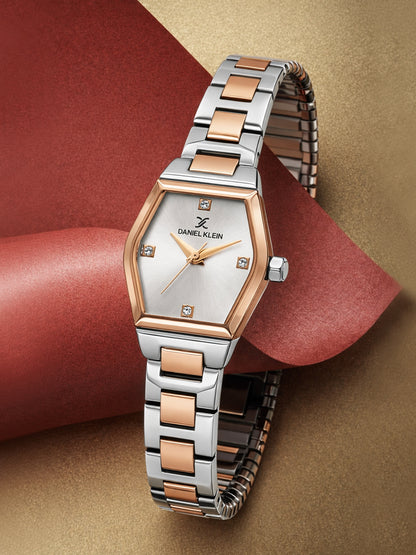 Daniel Klein Analog Silver Round Dial Silver/Rose Gold Case Silver and Rose Gold Strap Quartz Water-Resistant Wrist Watch for Women Girls, Ladies DK.6.14186-6
