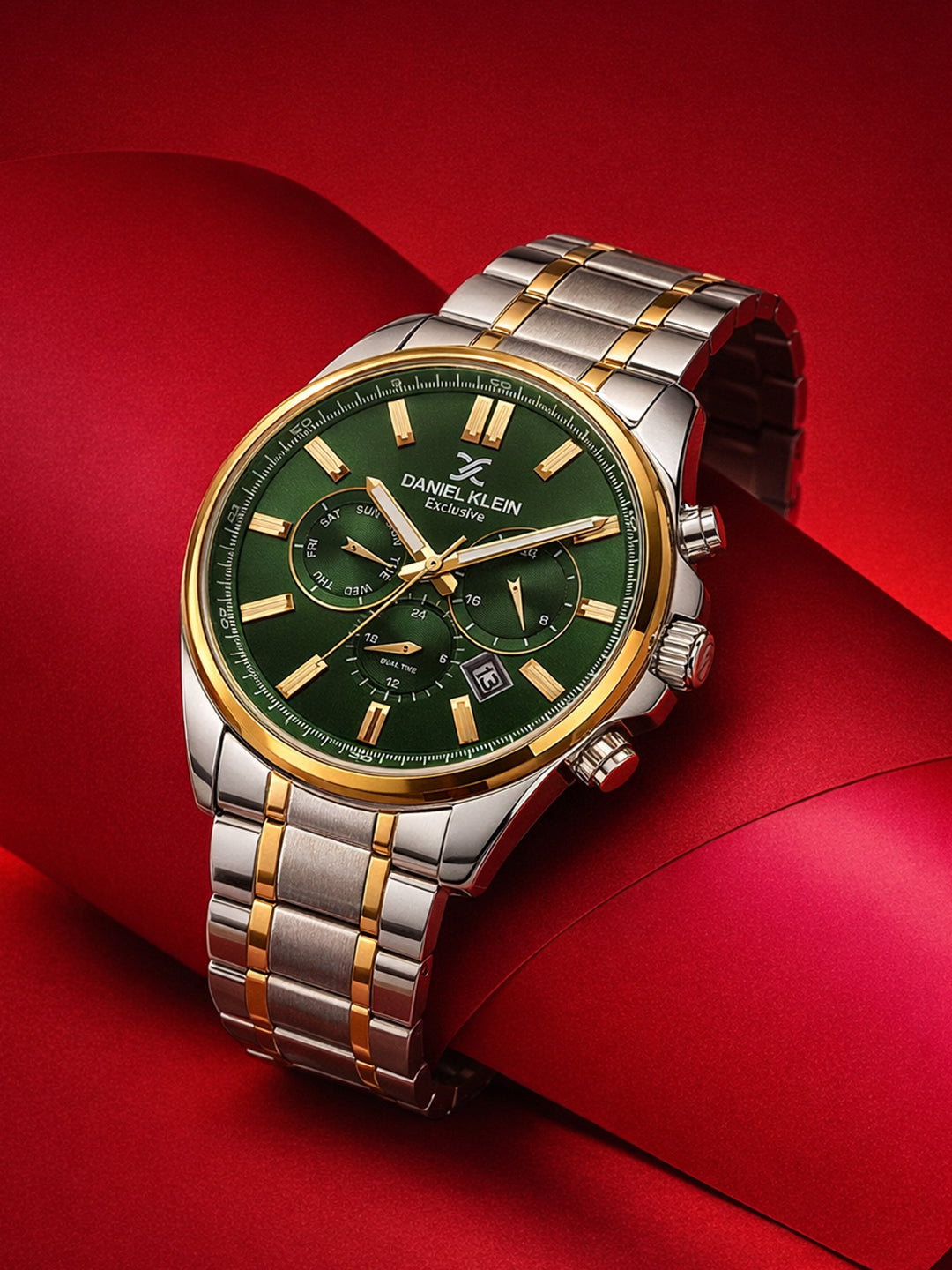 Daniel Klein Analog Dark Green Round Dial Silver Case Silver and Gold Strap Quartz Water-Resistant Wrist Watch for Men Boys DK.6.14261-3