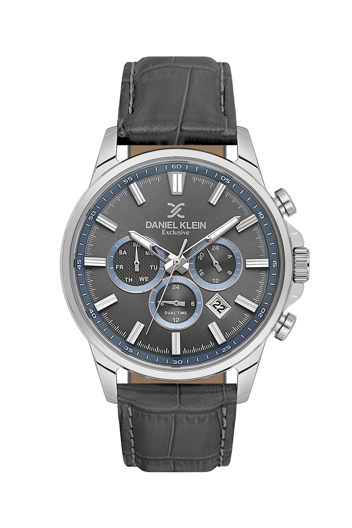 Men Grey Dial Grey Leather Strap Chronograph Analogue Watch