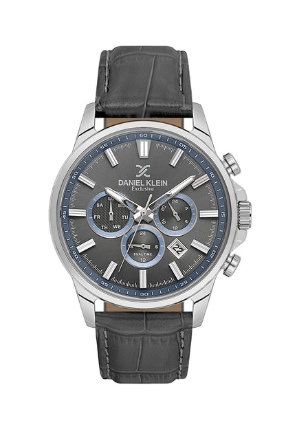 Men Grey Dial Grey Leather Strap Chronograph Analogue Watch