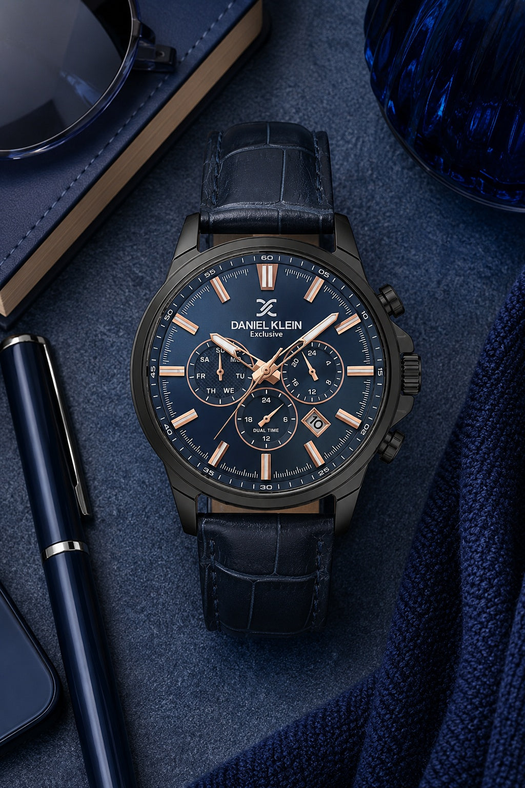 Men Royal Blue Dial Blue Leather Strap Chronograph Analogue Watch