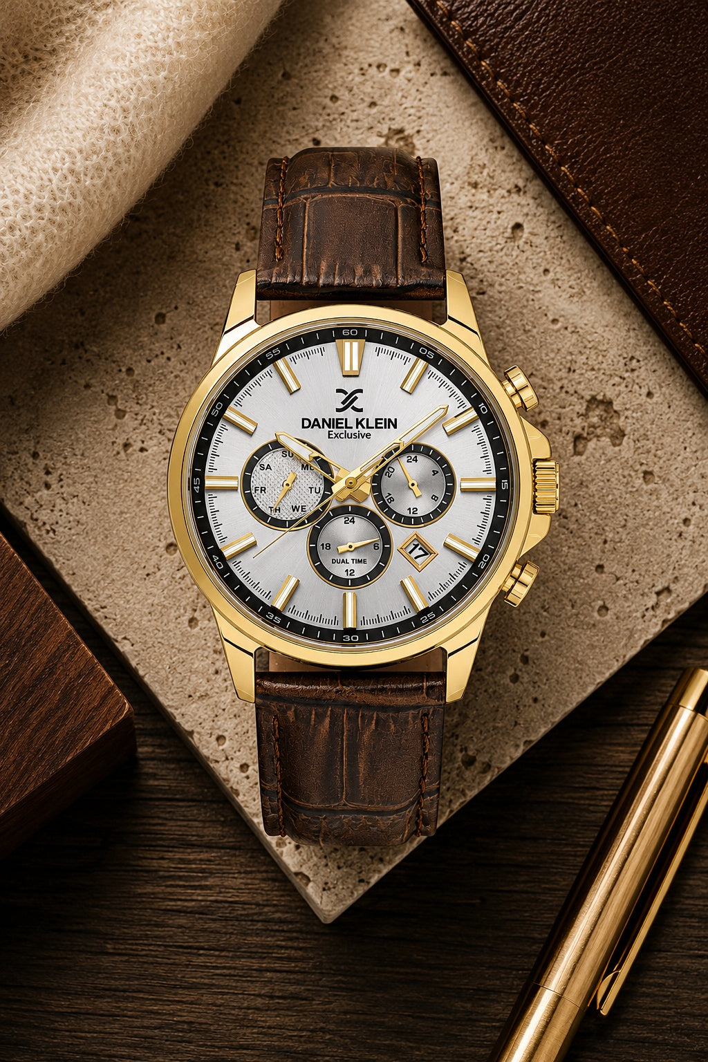 Men Silver Dial Brown Leather Strap Chronograph Analogue Watch