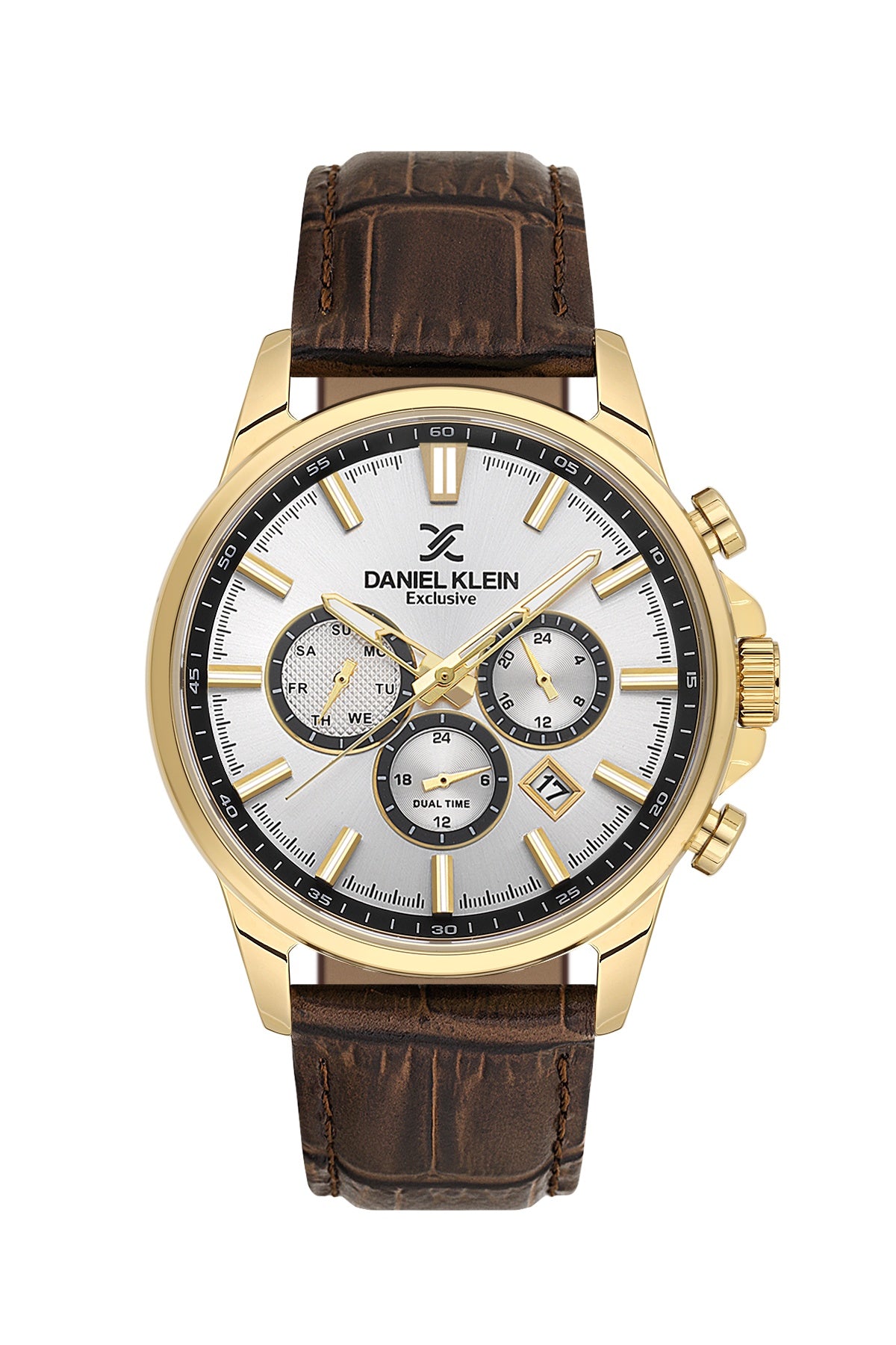 Men Silver Dial Brown Leather Strap Chronograph Analogue Watch
