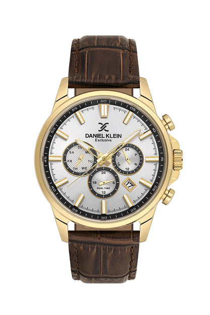 Men Silver Dial Brown Leather Strap Chronograph Analogue Watch