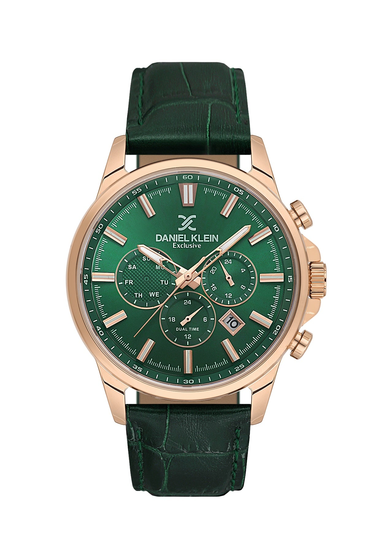 Men Green Dial Green Leather Strap Chronograph Analogue Watch