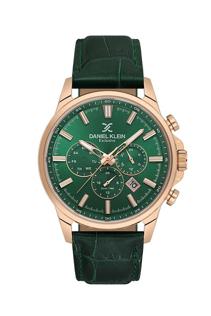 Men Green Dial Green Leather Strap Chronograph Analogue Watch