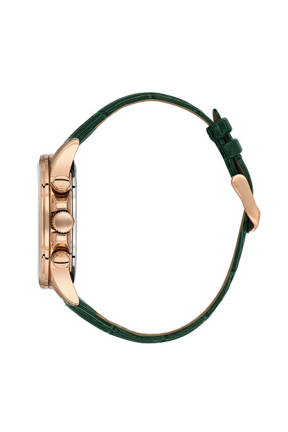 Men Green Dial Green Leather Strap Chronograph Analogue Watch