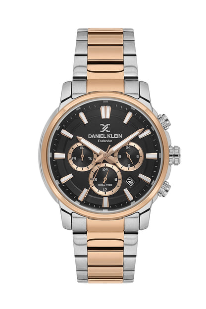 Men Black Dial Silver &amp; Rose Gold Chronograph Analogue Watch