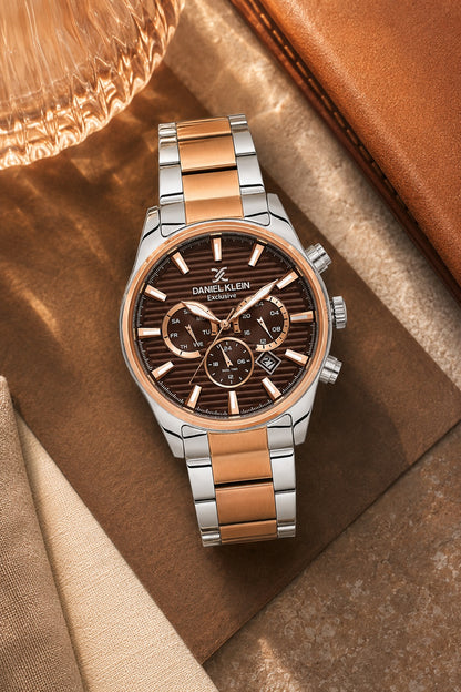 Men Brown Dial Silver &amp; Rose Gold Chronograph Analogue Watch