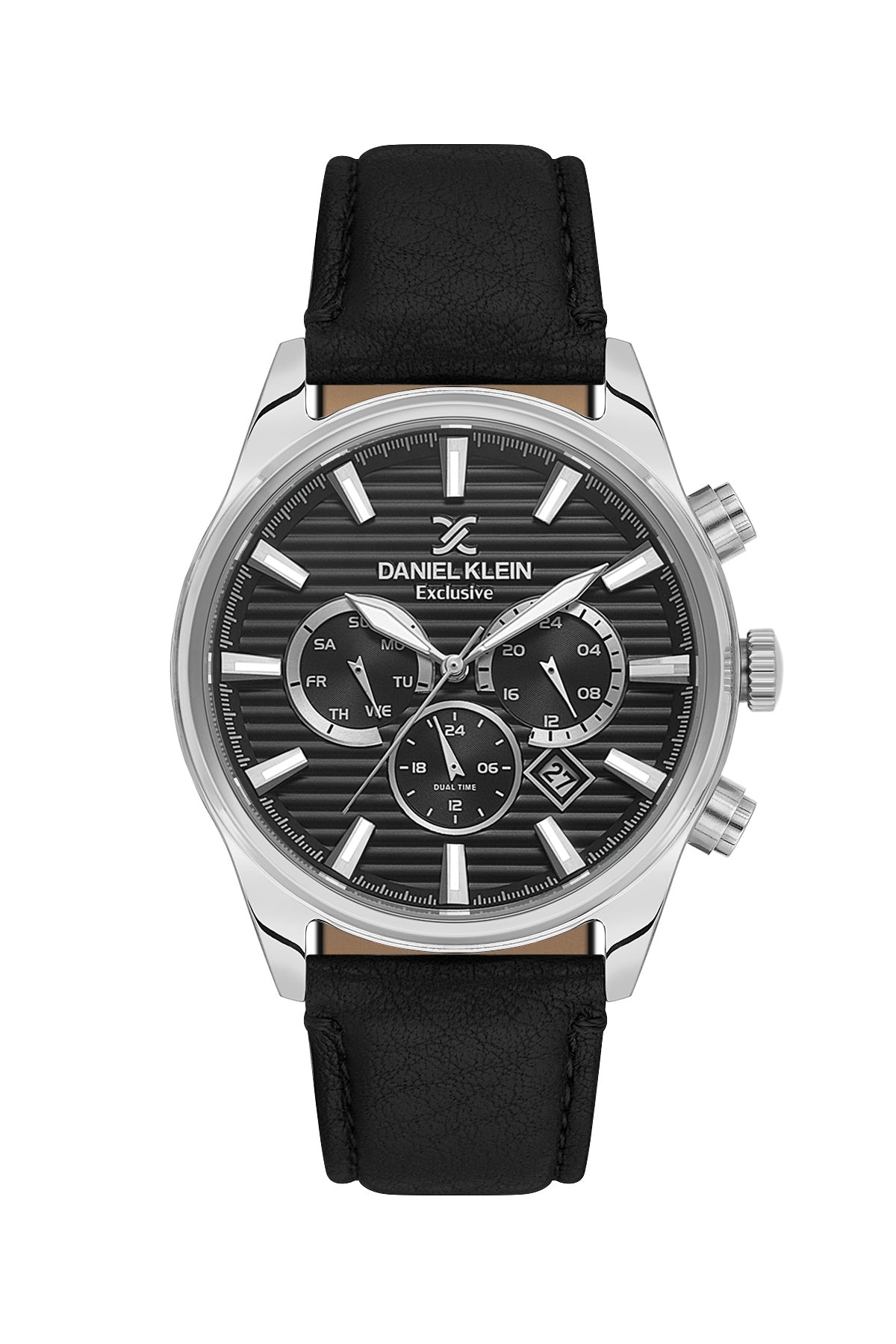 Men Black Dial Black Leather Strap Chronograph Analogue Watch