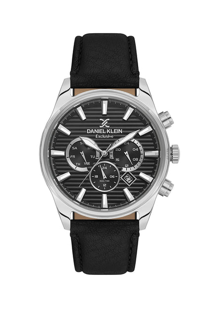 Men Black Dial Black Leather Strap Chronograph Analogue Watch