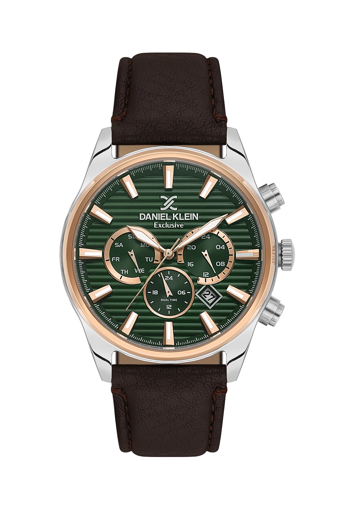 Men Green Dial Brown Leather Strap Chronograph Analogue Watch