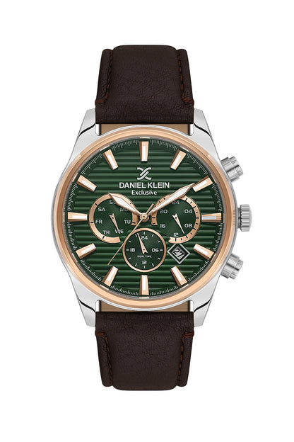 Men Green Dial Brown Leather Strap Chronograph Analogue Watch