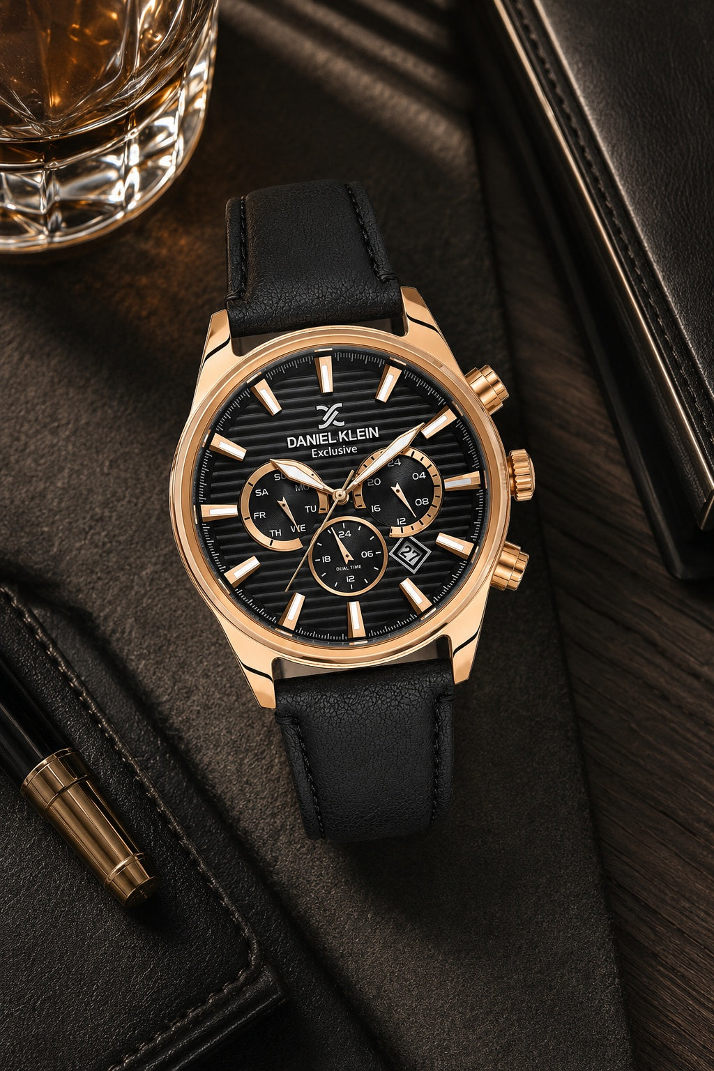 Men Black Dial Black Leather Strap Chronograph Analogue Watch