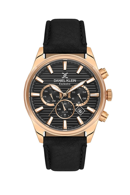 Men Black Dial Black Leather Strap Chronograph Analogue Watch