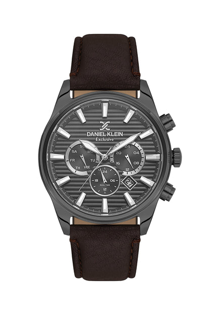 Men Grey Dial Brown Leather Strap Chronograph Analogue Watch