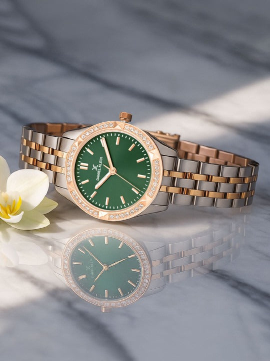 "Daniel Klein Women’s Silver &amp; Rose Bracelet Watch – Royal Green Dial, Dual-Tone Finish "
