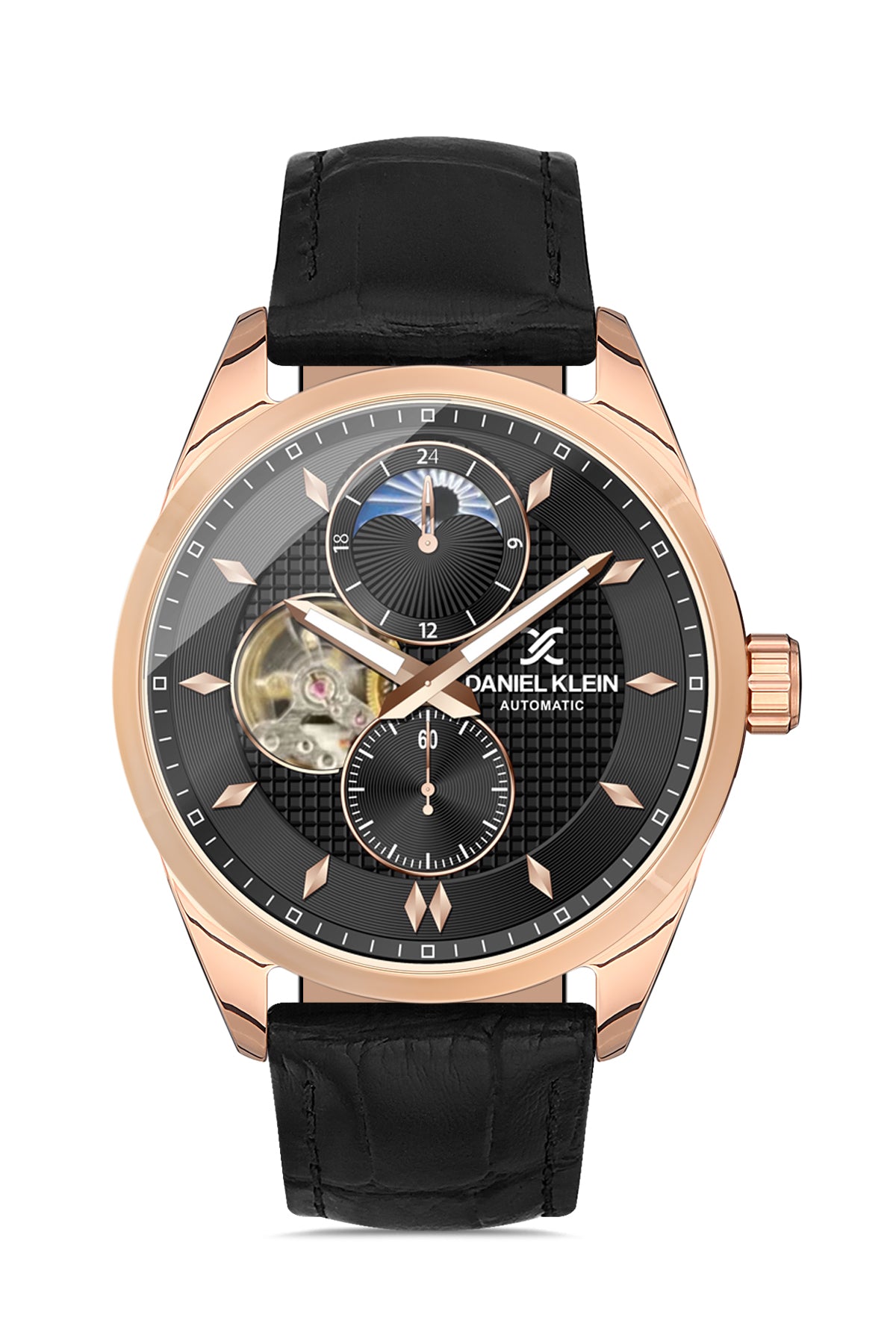 Daniel Klein Moon Face Embossed Dial Skeleton Series Gun Black Watch